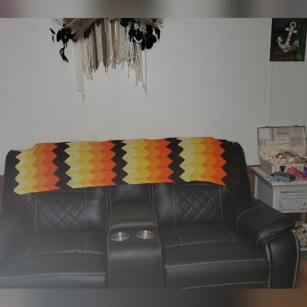 Hand Crafted Crochet Afghan throw blanket zig zag chevron brown yellow orange - Picture 3 of 4